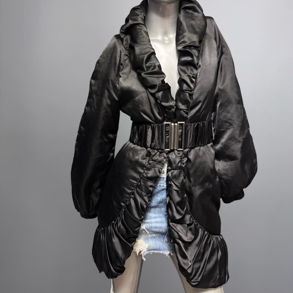 Bebe Vintage Y2K Black Satin Belted Long Coat - Picture 2 of 6